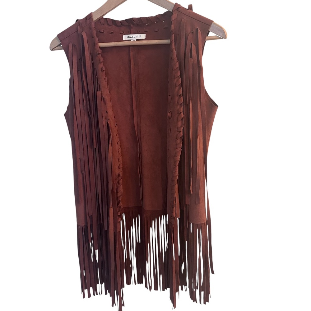 VEGAN SUEDE FRINGED VEST CAMEL WESTERN,  BOHO, FESTIVAL WOMENS SZ 10